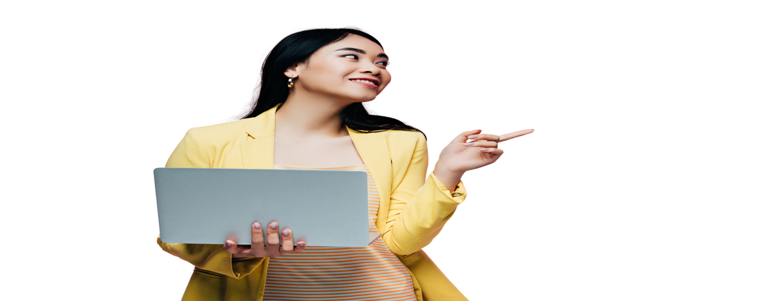 Woman with her laptop pointing to her left