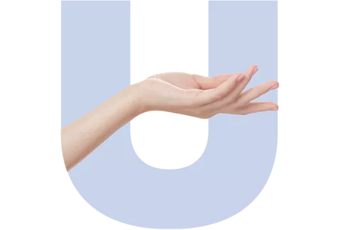Hand with stretched out fingers over a purple U